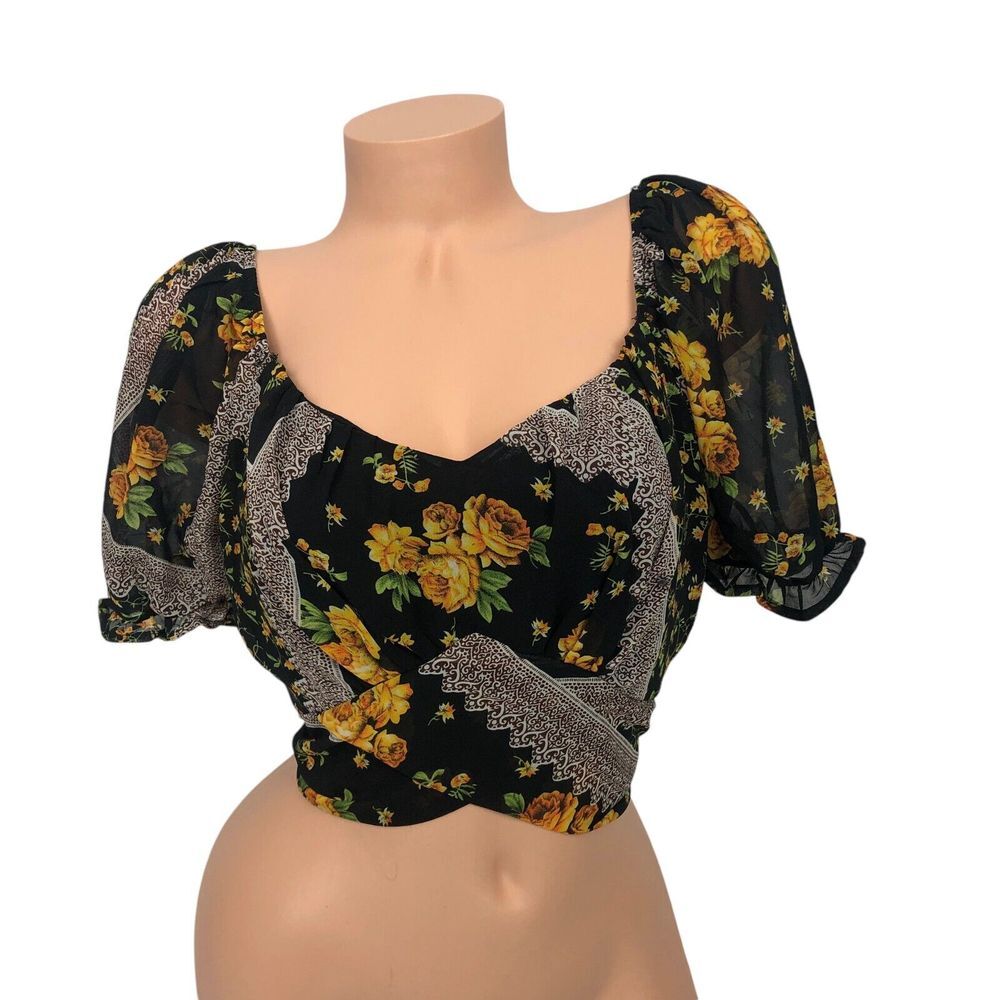 PEACH Multicolor Floral Print V-Neck Crop Top Size L Boho‎ Witchy Fairy Grunge
